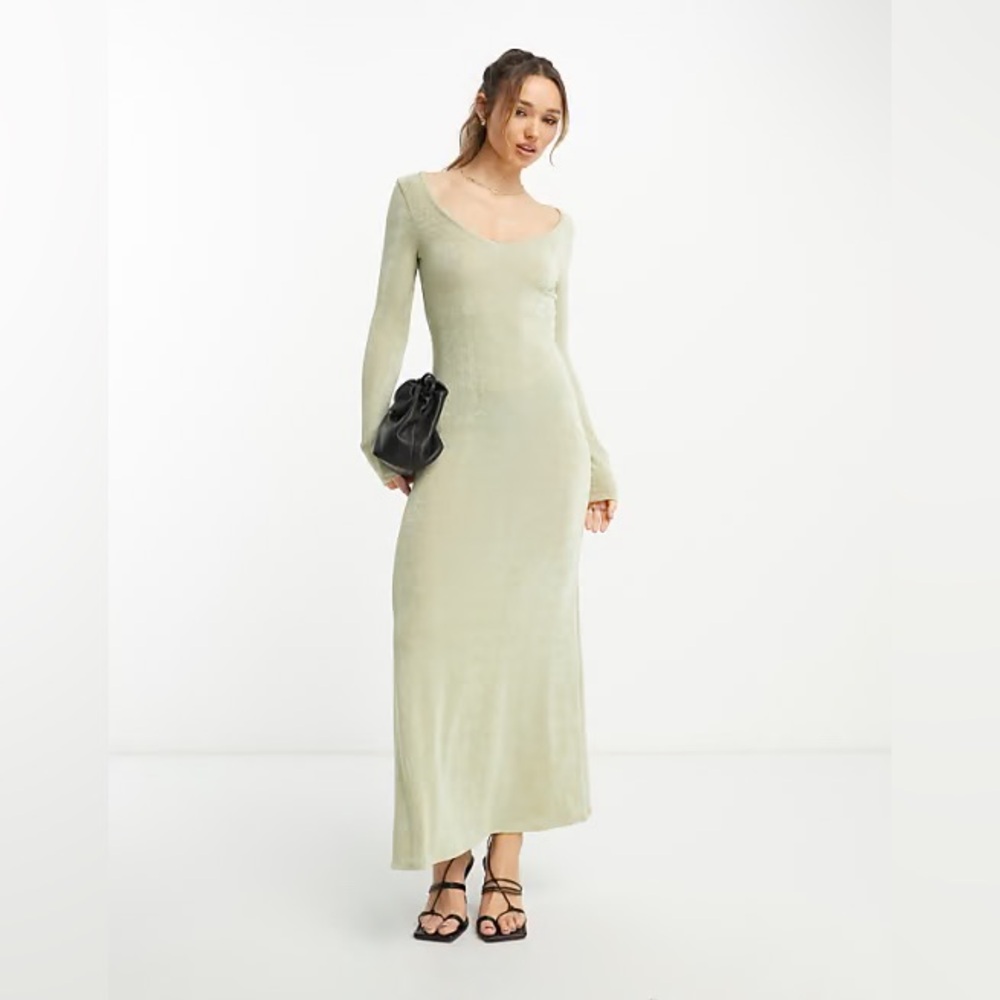 ASOS Design V Neck Long Sleeve Maxi Dress in Sage
